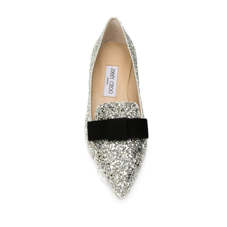 Jimmy Choo Champagne Gala Coarse Glitter Bow Flats