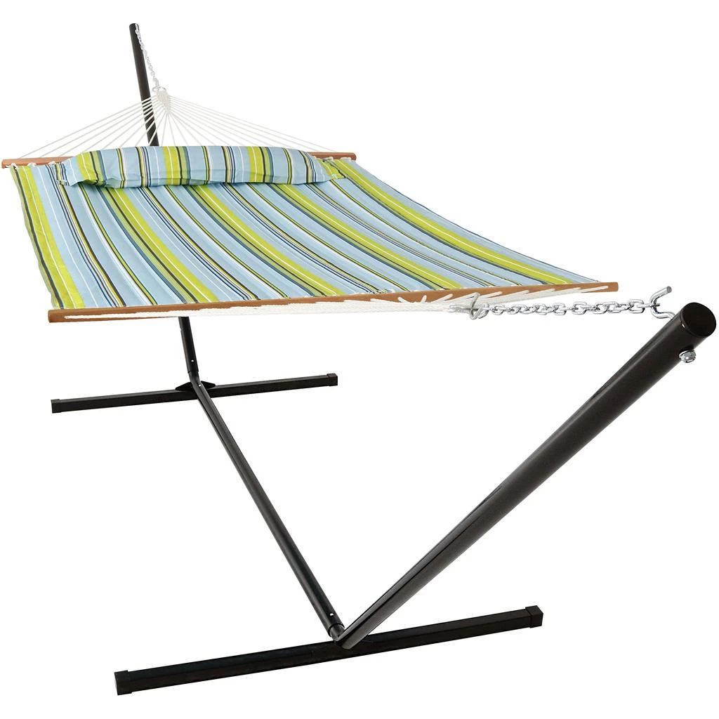 Sunnydaze 2-Person Quilted Fabric Spreader Bar Hammock with Detachable Pillow and Stand - 400 lb Weight Capacity/15' Stand 16