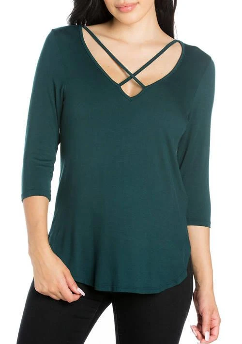 24seven Comfort Apparel Comfort Apparel Womens Criss Cross Round Hemline Tunic Top 1