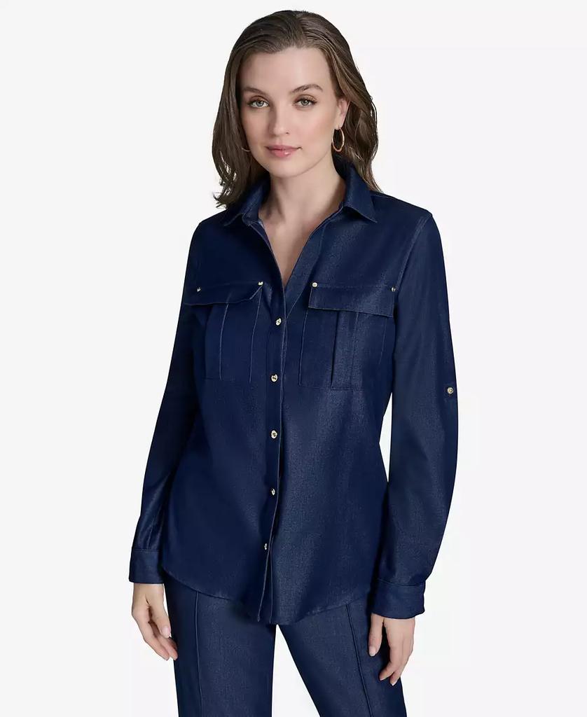 HALSTON Women's Collared Roll-Tab-Sleeve Button-Front Shirt