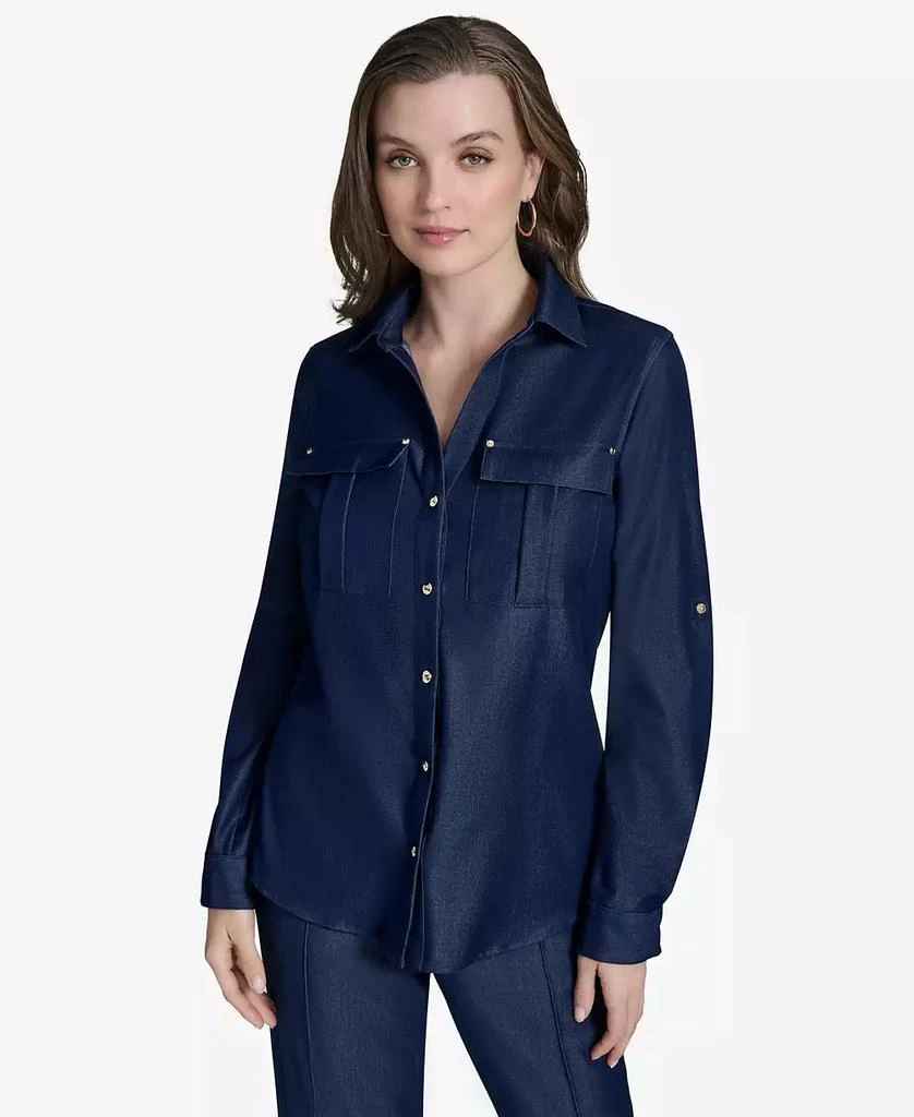 HALSTON Women's Collared Roll-Tab-Sleeve Button-Front Shirt 1