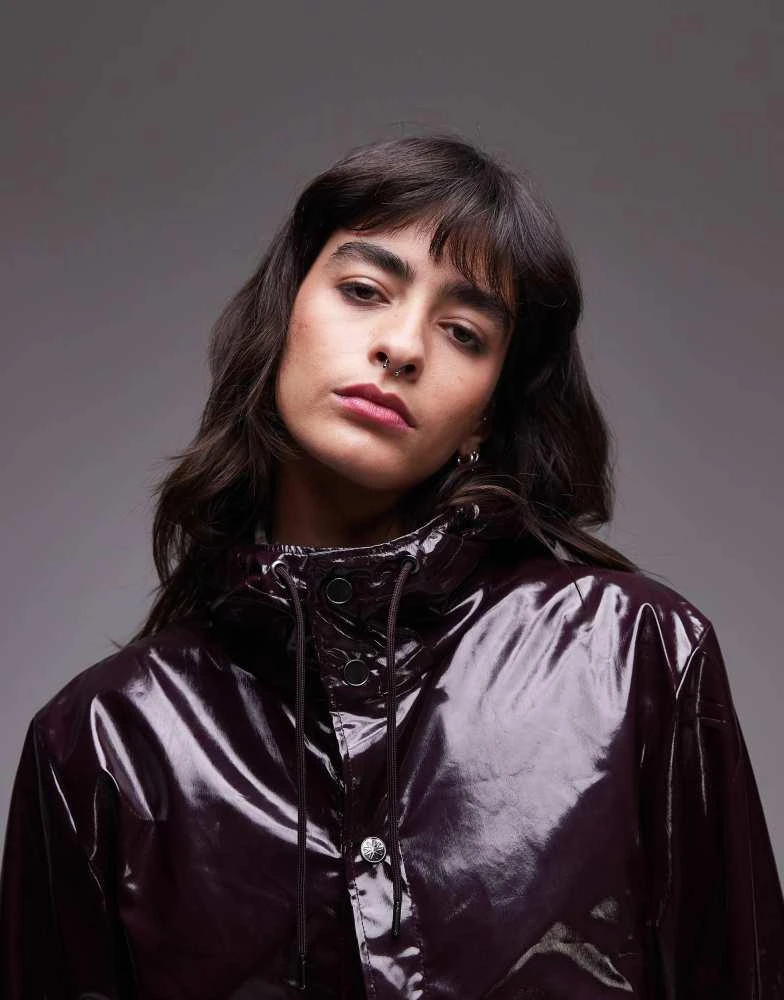 RAINS Rains 12020 waterproof long jacket in burgundy shine exclusive to asos 3