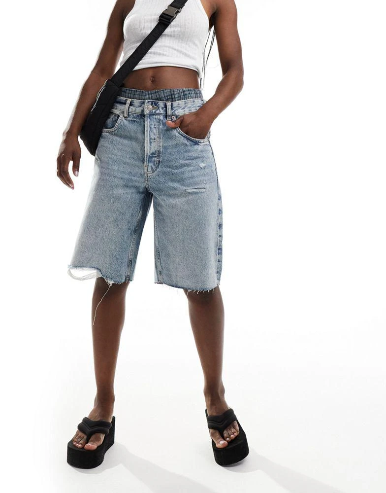 Mango Mango longline raw hem denim shorts in light blue 2