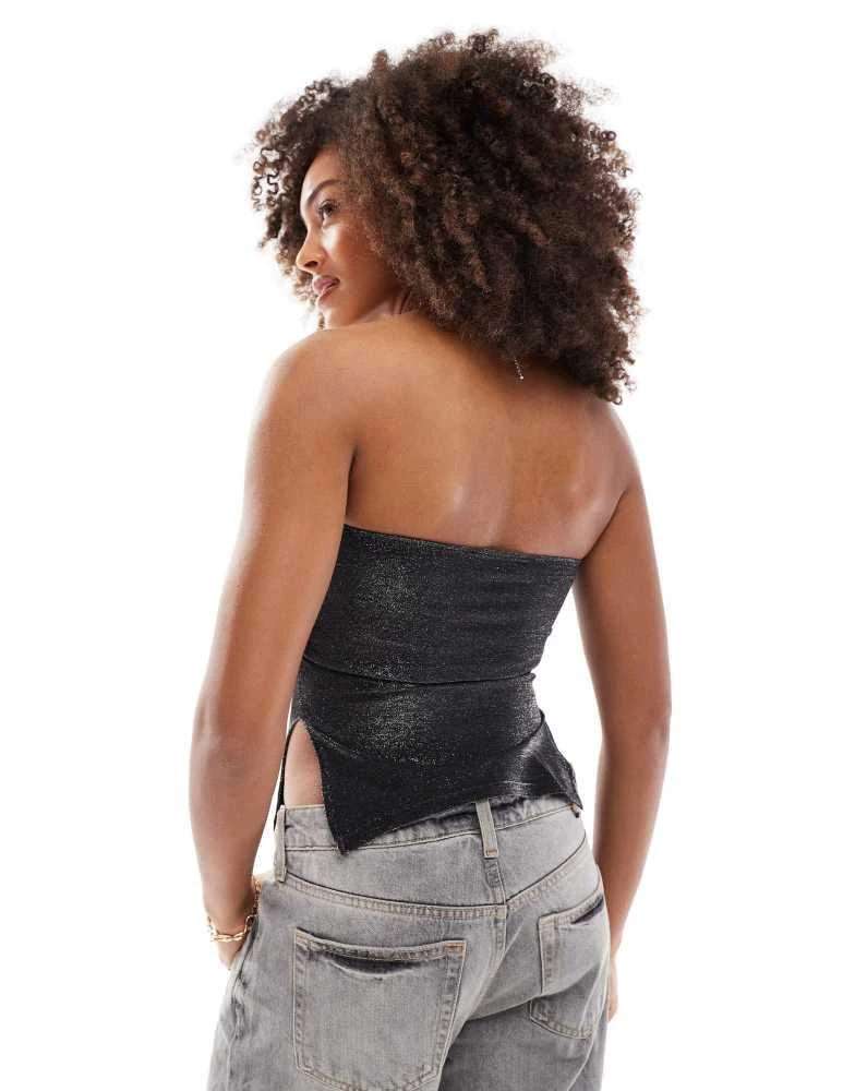 Bershka Bershka ruched side glitter bandeau top in black 3