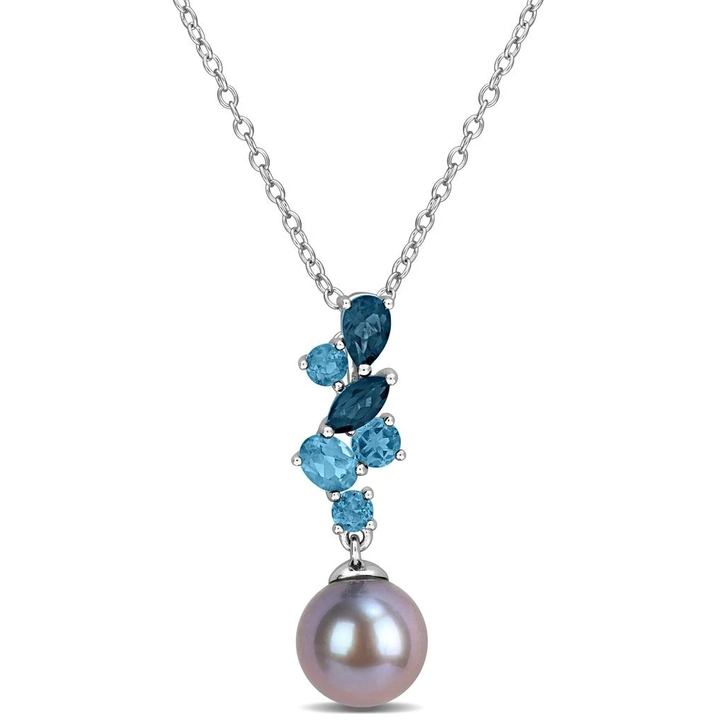 Mimi & Max 8mm Black Cultured Freshwater Pearl London Blue Topaz Necklace Sterling Silver-17 in