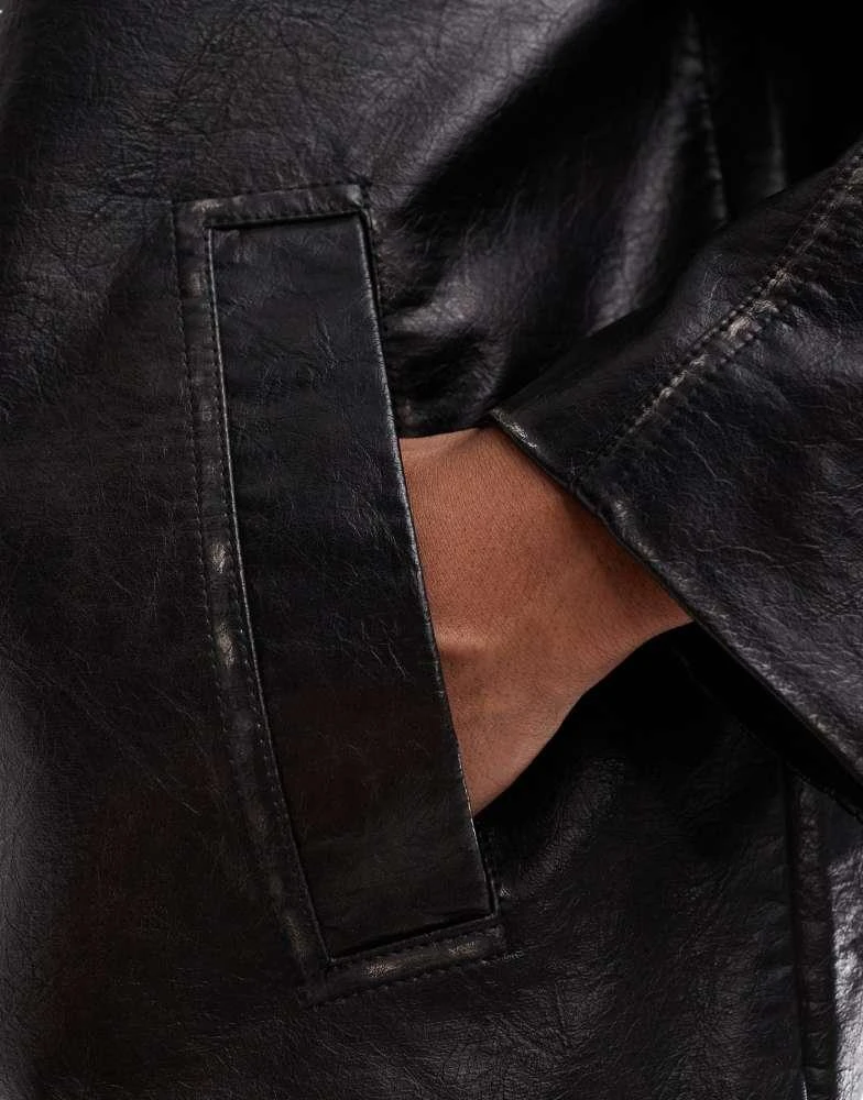 Bershka Bershka faux leather long cut jacket in black 3