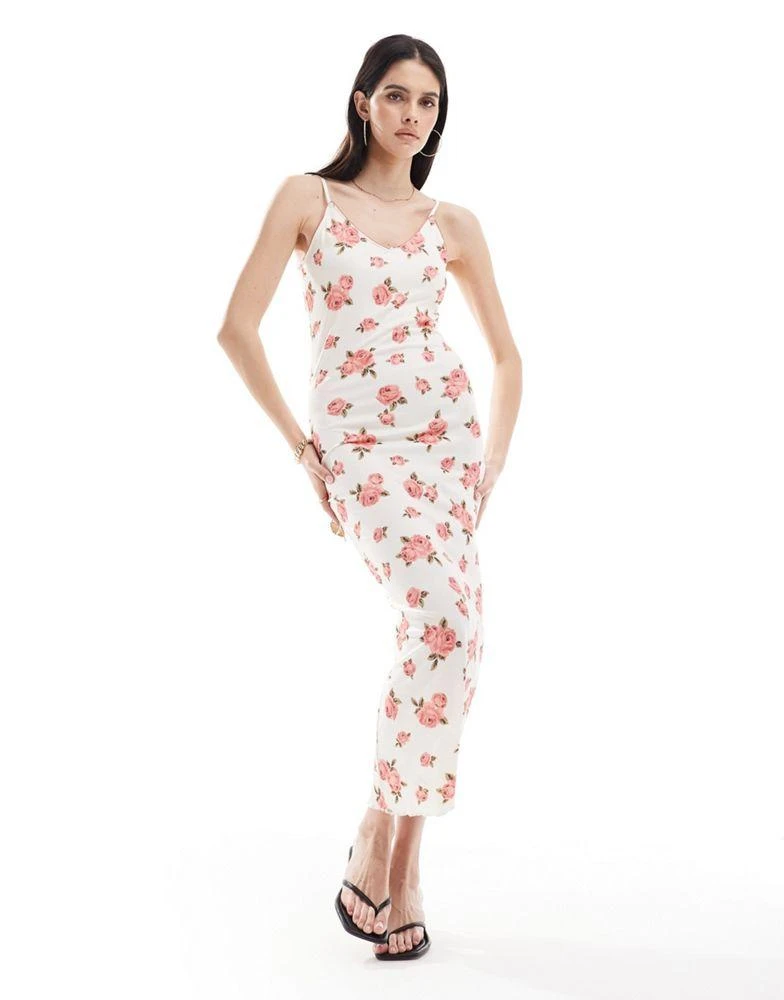 Y.A.S. Y.A.S slinky rib cami maxi dress with v neck in spaced vintage rose print 4