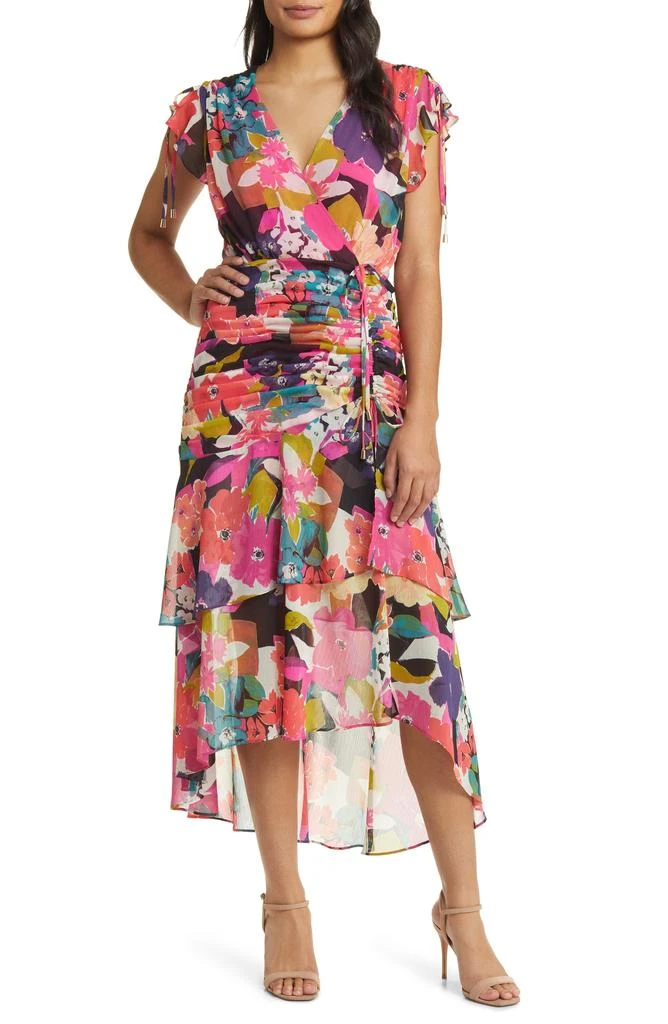Tahari Floral Side Ruched Chiffon Midi Dress 1