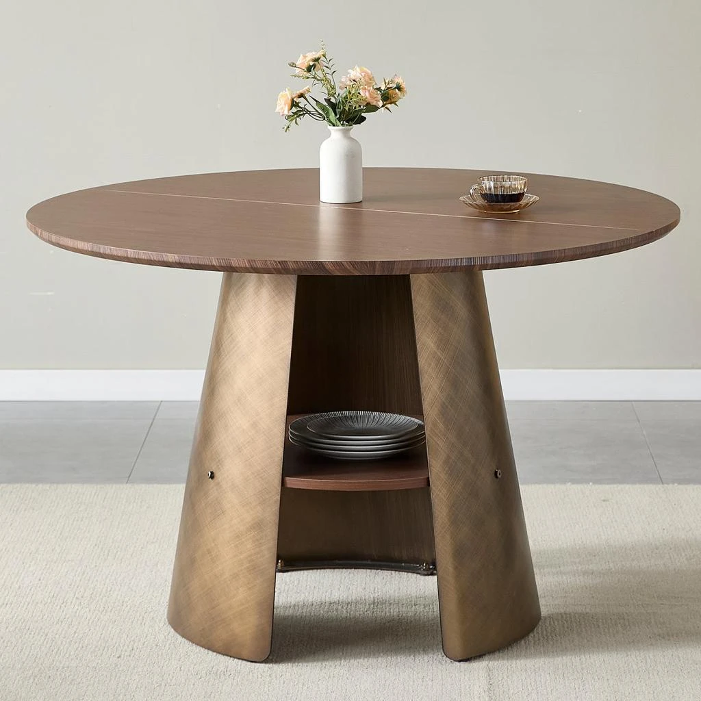 Streamdale Furniture Streamdale 47.25" Round Dining Table, Retro Style, Seats 4-6, Walnut Wood/Bronze. 2