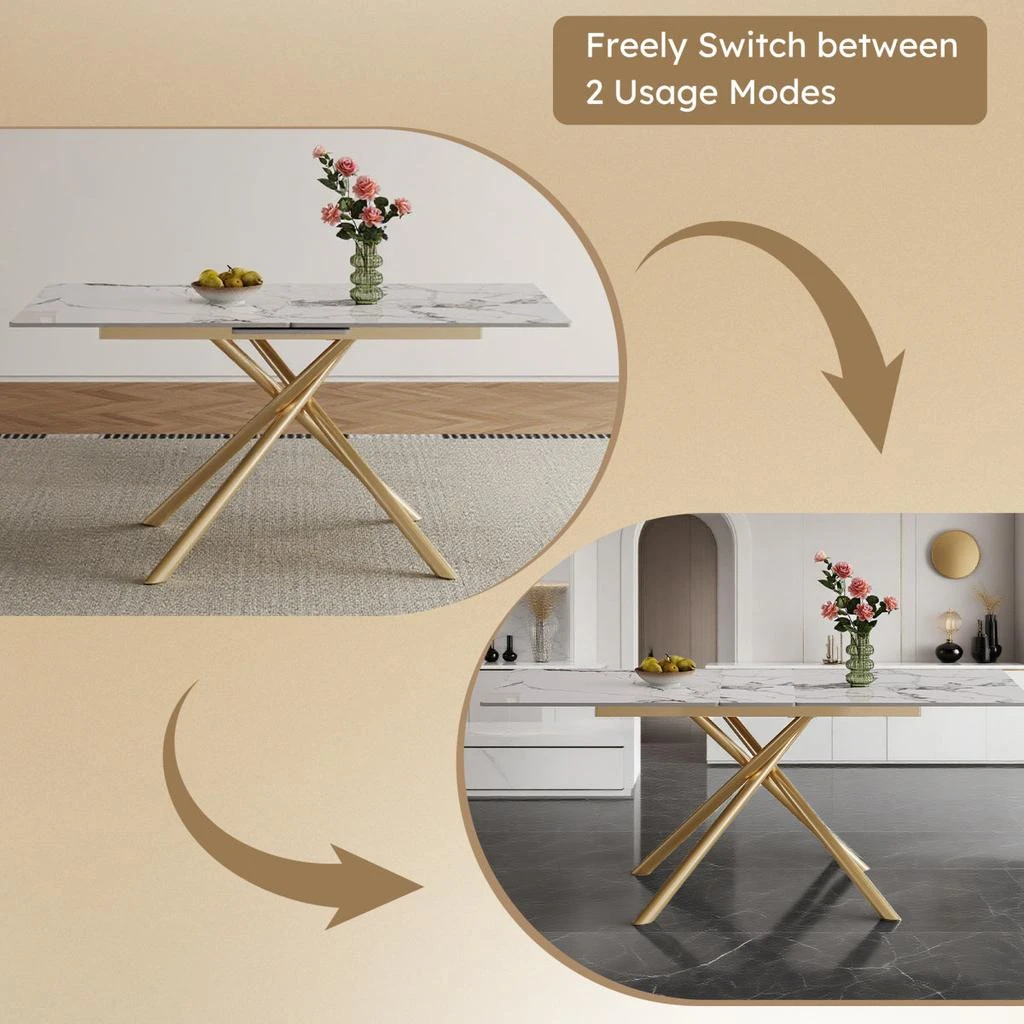 Streamdale Furniture Streamdale 59-inch Expandable Dining Table with Retractable Leaf, Charred Stone Top 
Golden X-Base 2