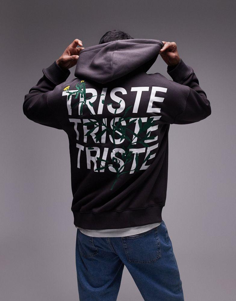 Topman Topman oversized fit hoodie with front and back floral embroidery print in charcoal