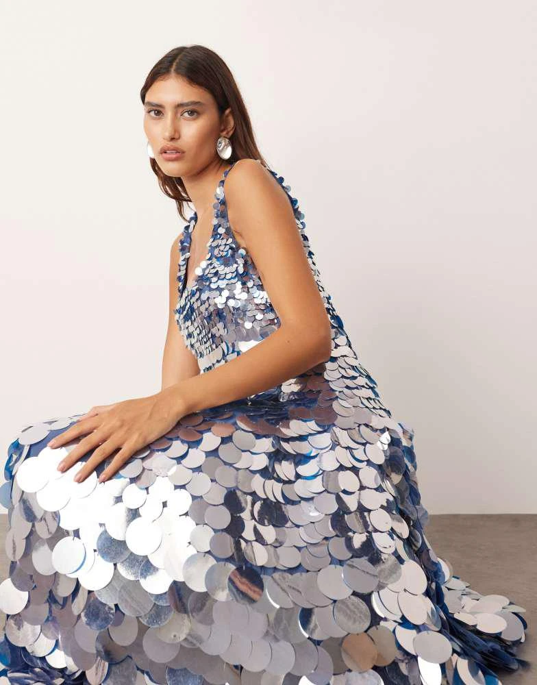 ARRANGE ARRANGE embellished disc sequin square neck full skirt midi dress in blue 2