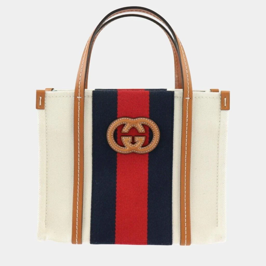 Gucci Gucci Beige Red Navy Green Brown Canvas Leather Sherry Line Interlocking G Mini Tote Bag 1