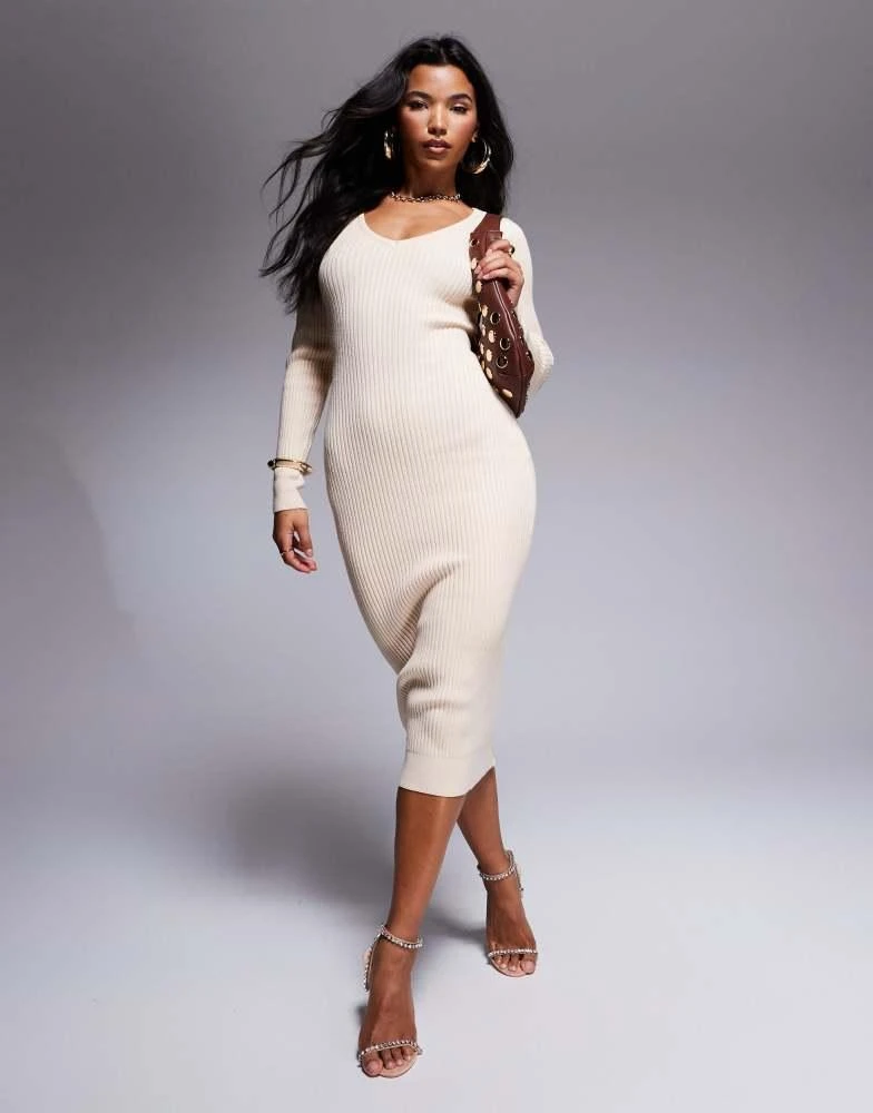 Lulus Lulus long sleeve rib knit jumper midi dress in cream 1