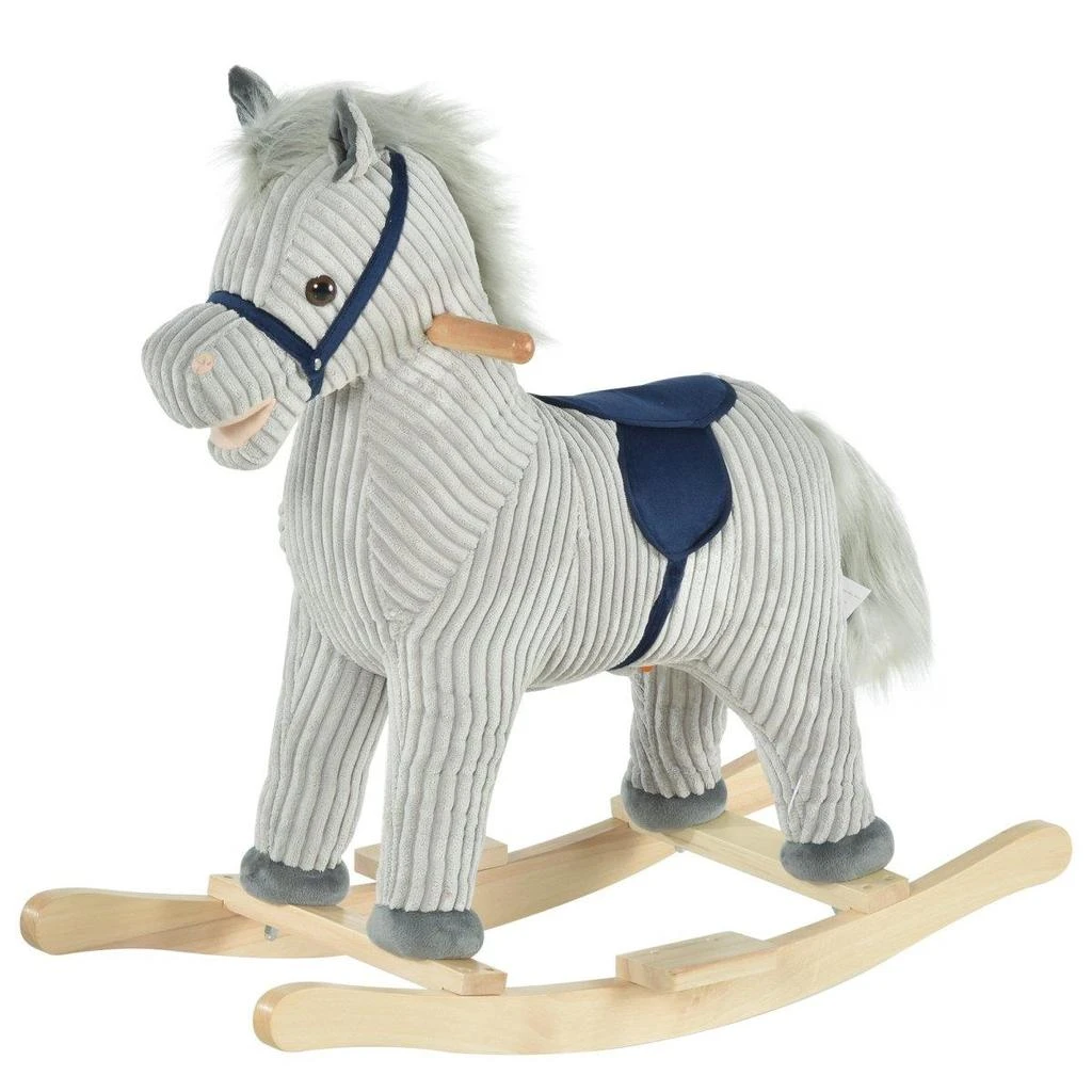 212 Main Qaba Kids Rocking Horse Plush Baby Ride-On Horse Toddler Rocker for 36-72 Months Boys Girls Gift Gray & White 1