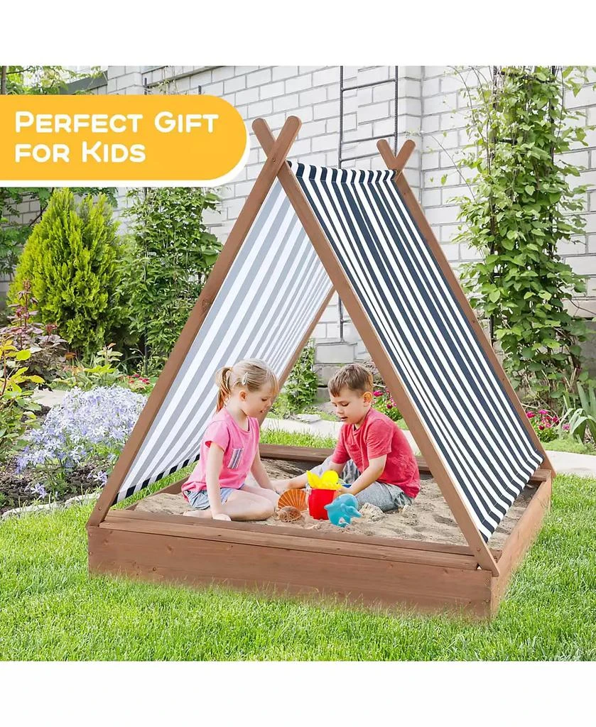 Costway Wooden Sandbox with Canopy Tent Design Fir Wood Frame 2 Bench Seats Bottom 7