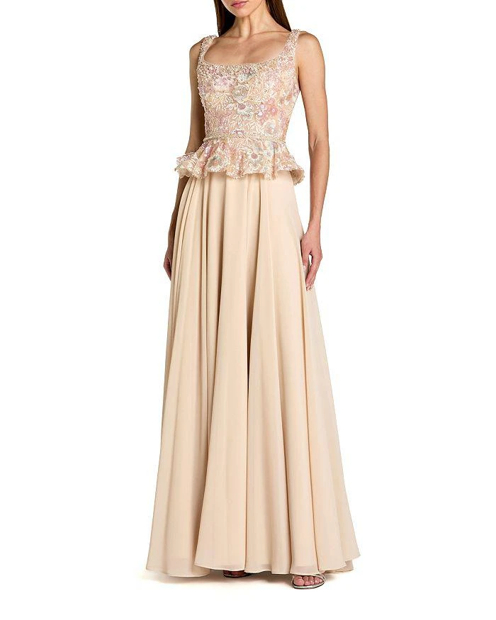 Mac Duggal Embroidered Peplum Top with Chiffon Skirt Gown