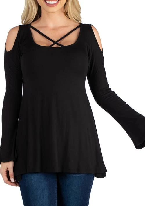 24seven Comfort Apparel Comfort Apparel Womens Long Sleeve Strappy Neck Flared Tunic Top 1