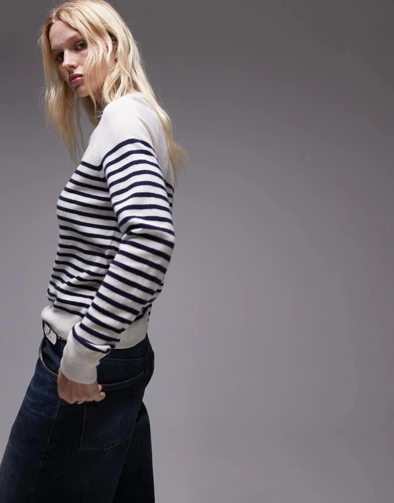 Mango Mango fine knit wool stripe jumper in navy and white 4