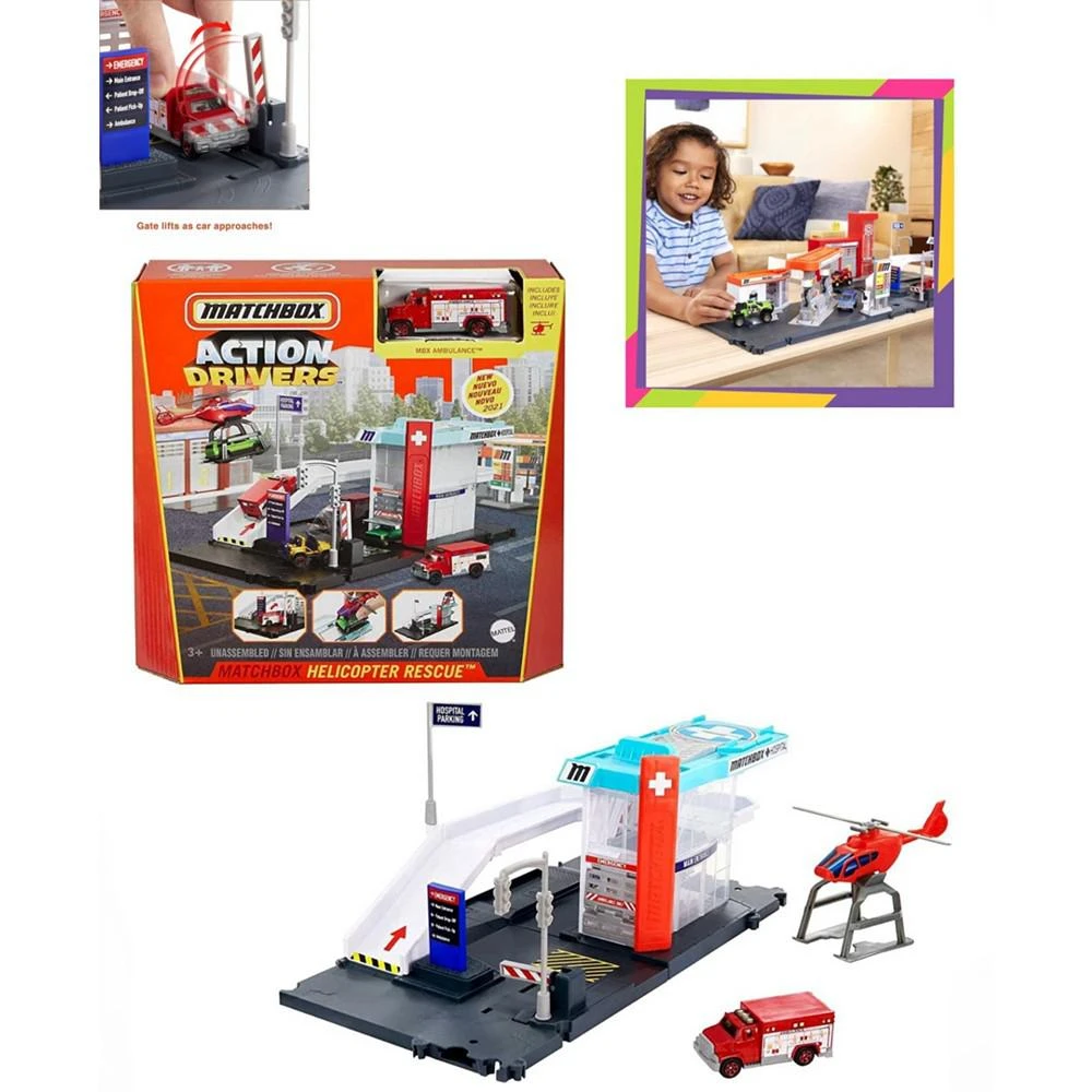 Mattel Matchbox Toy Car with Action Rescue Helicopter Station Play Set, 7 Pieces