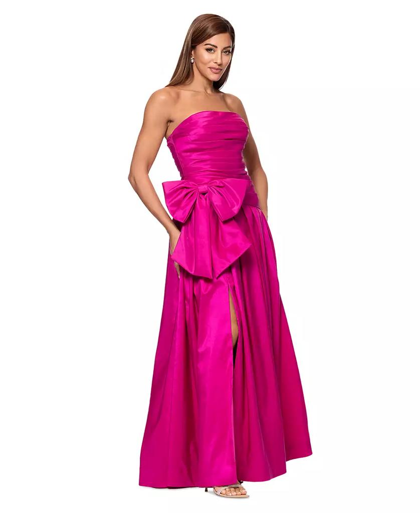 XSCAPE Women's Bow-Trim Ruched Strapless Gown