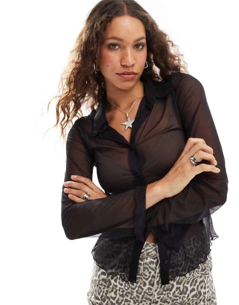 Monki Monki long sleeve sheer collar shirt in black 1