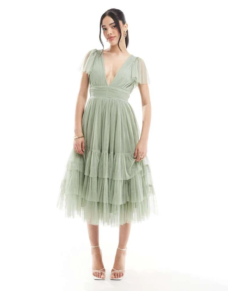 sage bridesmaid dresses asos Green Boat Neck Long Sleeve Beaded Gown main image 1