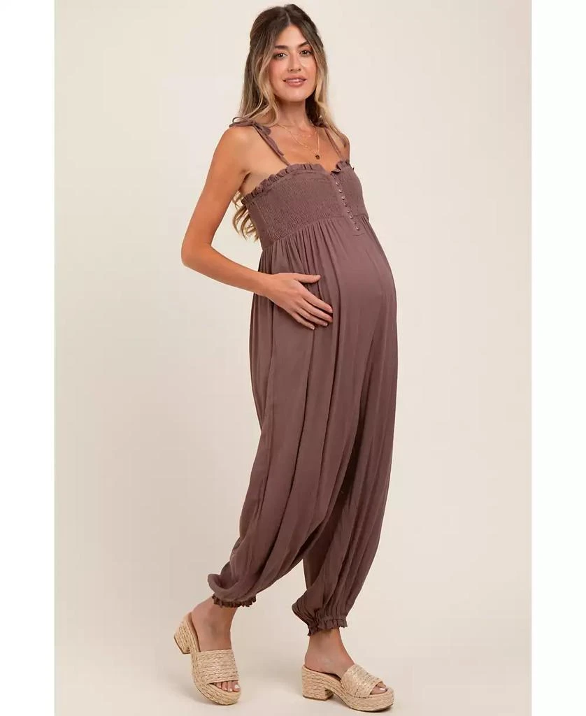 Pinkblush Maternity Mocha Smocked Button Front Shoulder Tie Jumpsuit 2