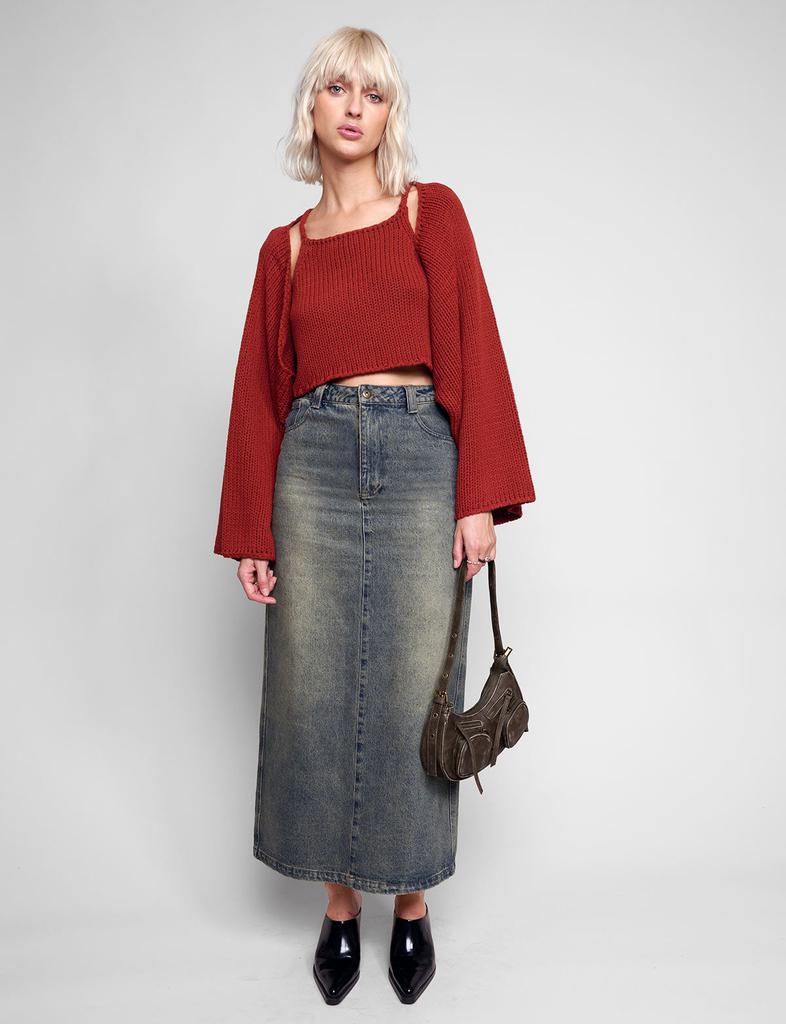 Pixie Market Dirty Denim Belted Maxi Skirt