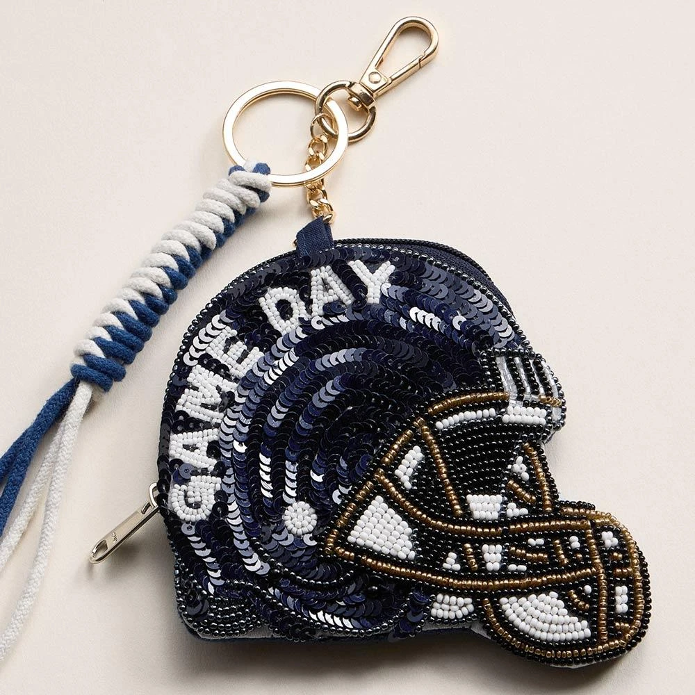 FASHNZFAB PENN STATE GAME DAY Football Helmet Sequin Seed Beaded Knot Keychain Mini Pouch Bag 2