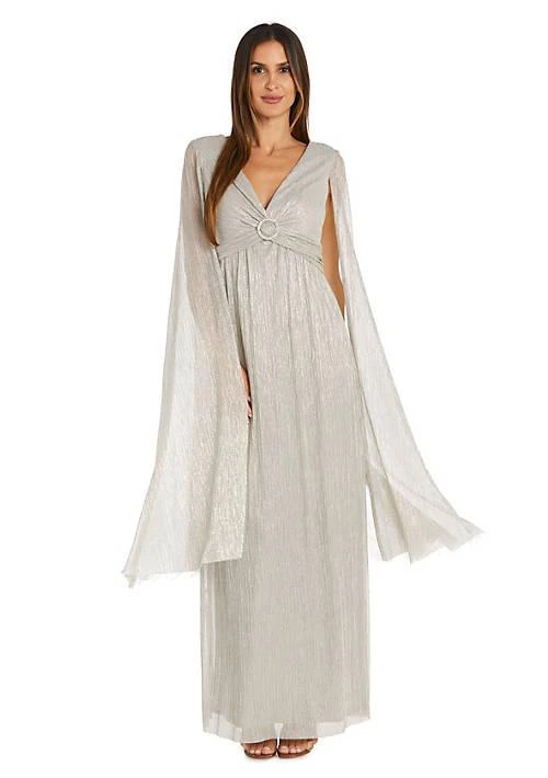 R & M Richards M Richards Long Crinkle Pleated Goddess Dress With Split Long Cape Sleeves And Empire Waist With Rhinestone Trim 3