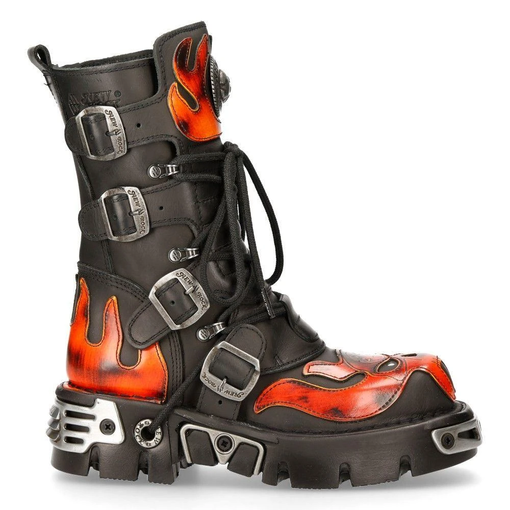NewRock Flame Accented Black/Red Leather Biker Skull Boots- 107-S1 3