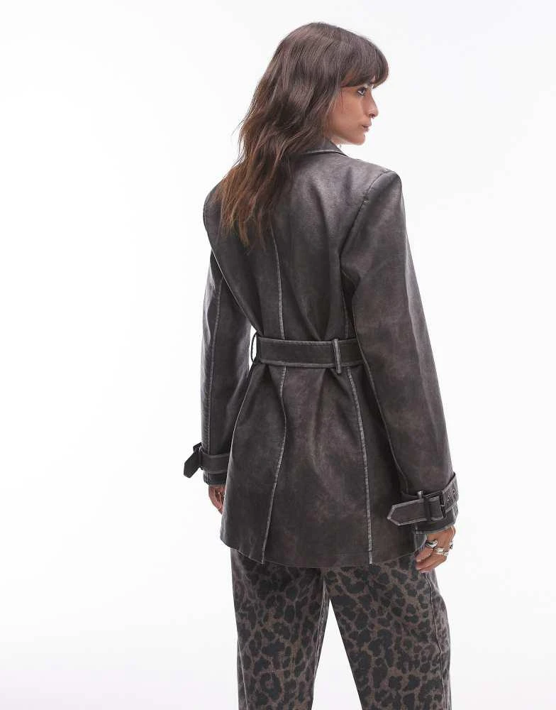 Topshop Topshop faux leather belted trench coat in washed black 4