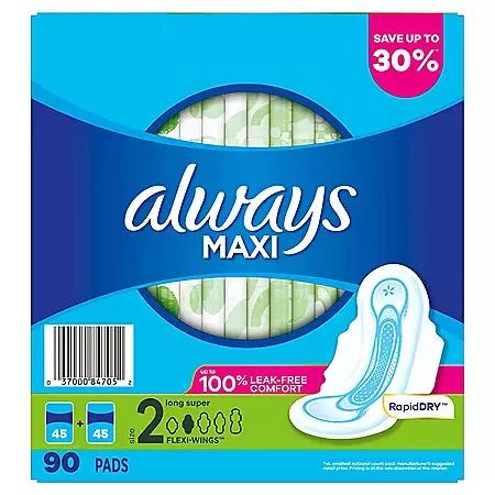 Always Always Maxi Long Super Pads, Unscented, Size 2, 90 ct. 10