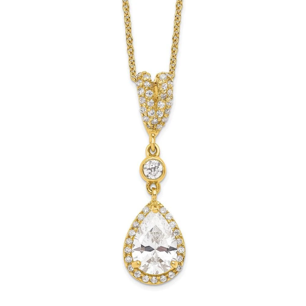 Diamond2Deal Sterling Silver Gold-plated Cubic Zirconia Teardrop and Bezel Halo Necklace 18"