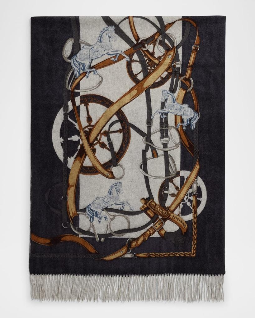 La Fiorentina Equestrian-Print Cashmere Fringe Wrap
