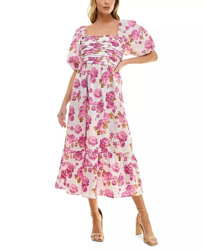 BEAUTY & GRACE Juniors' Printed Pleat-Front Smocked-Back Dress 1