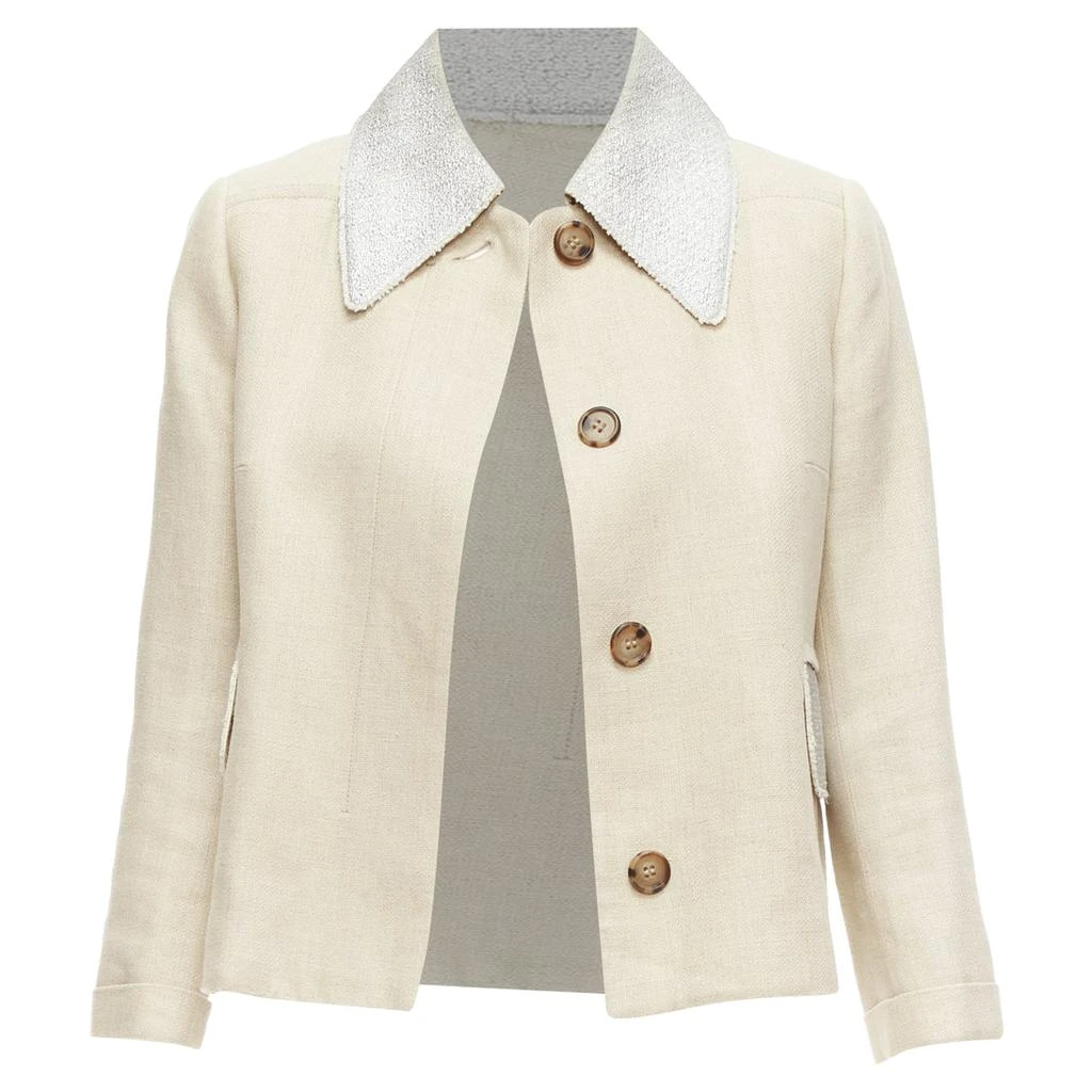 Carven Linen Cotton Blend Tweed Collar Button Boxy Jacket 3