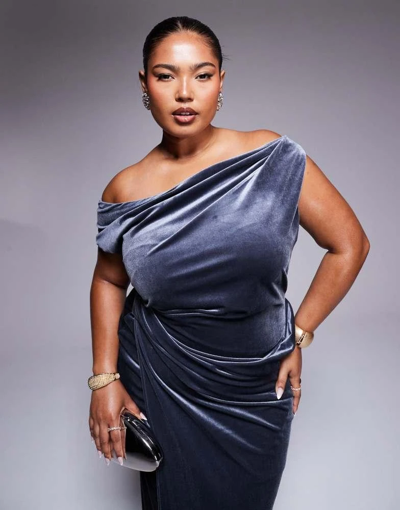 ASOS ASOS DESIGN Curve velvet premium asymmetric drape detail maxi dress with side split in charcoal 3
