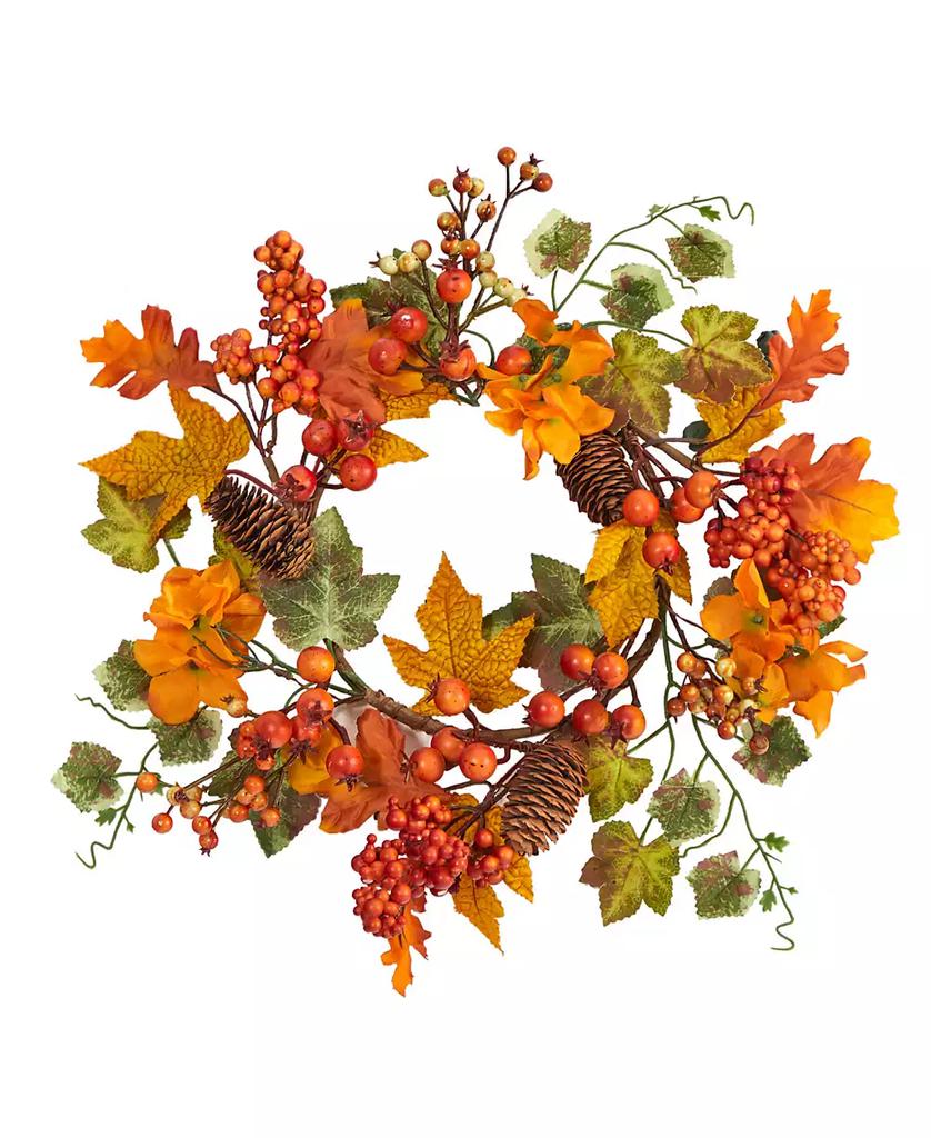 NEARLY NATURAL 6.5" Autumn Hydrangea and Pinecones Artificial Wreath Set, 2 Piece
