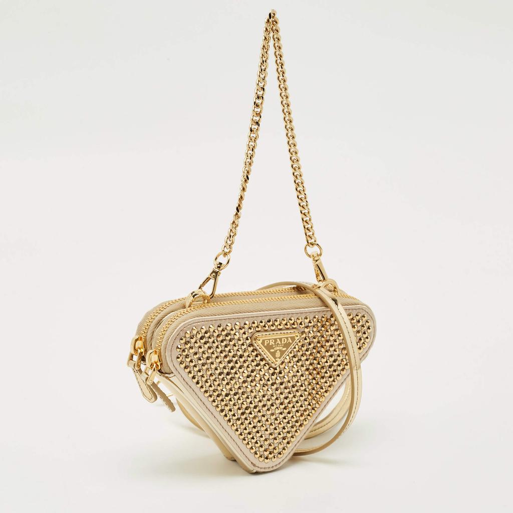 Prada Prada Gold Leather and Satin Crystal Embellished Mini