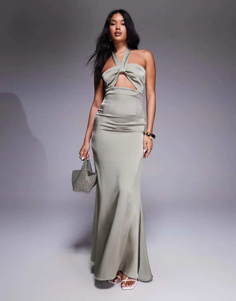 Aria Cove Aria Cove satin halterneck knot front cut out detail maxi dress in KHAKI - KHAKI - UK 14 Aria Cove Aria Cove satin halterneck knot front cut out detail maxi dress in KHAKI - KHAKI - UK 14