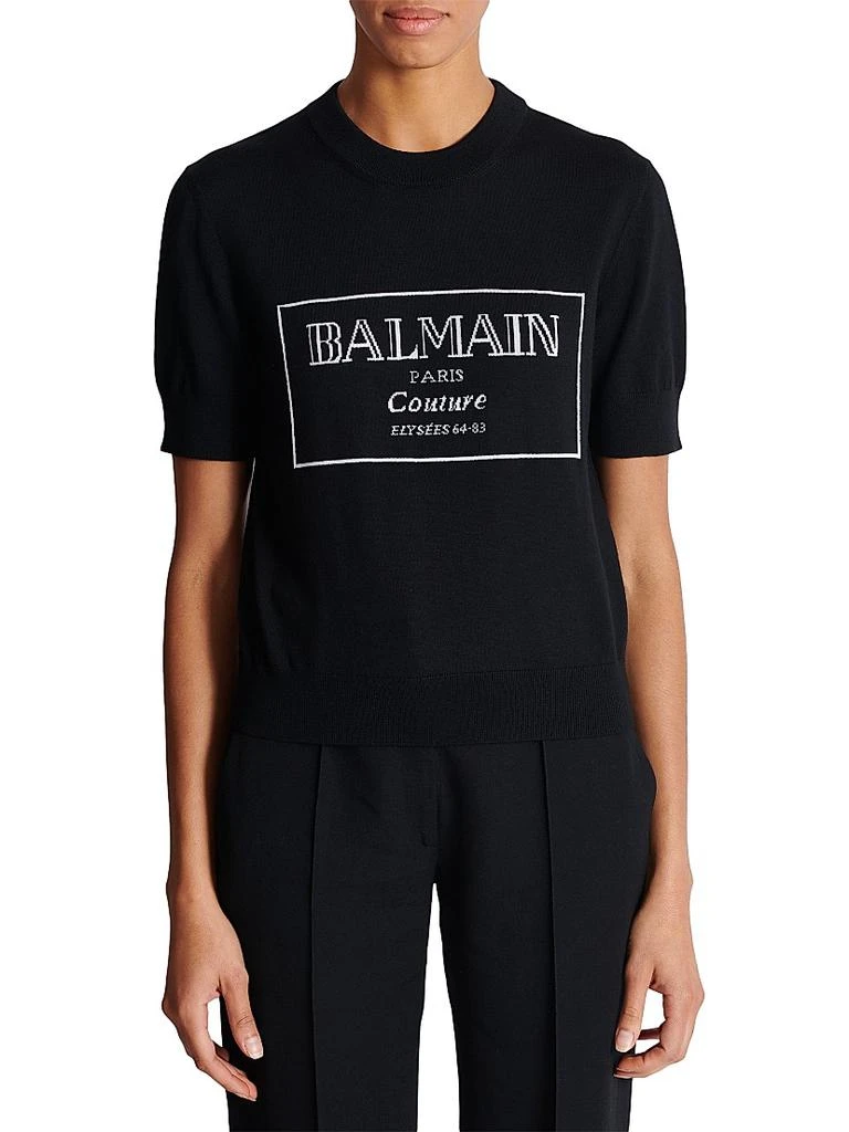 Balmain Logo Merino Wool Short-Sleeve Bi-Color Knit Top 3