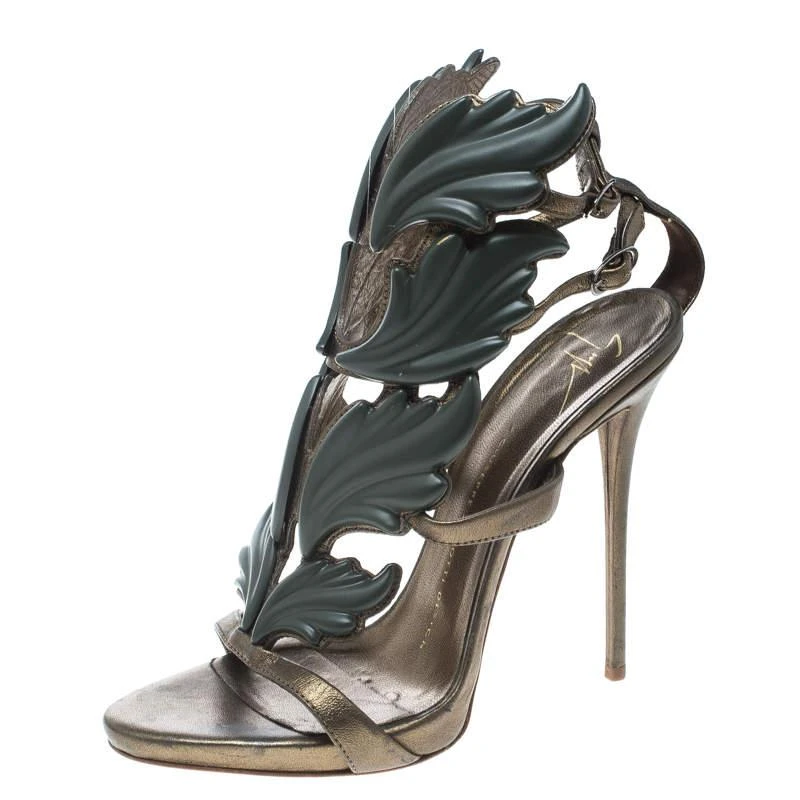 Giuseppe Zanotti Giuseppe Zanotti Olive Green Leather Argent Metal Wing Embellished Strappy Sandals Size 37 1