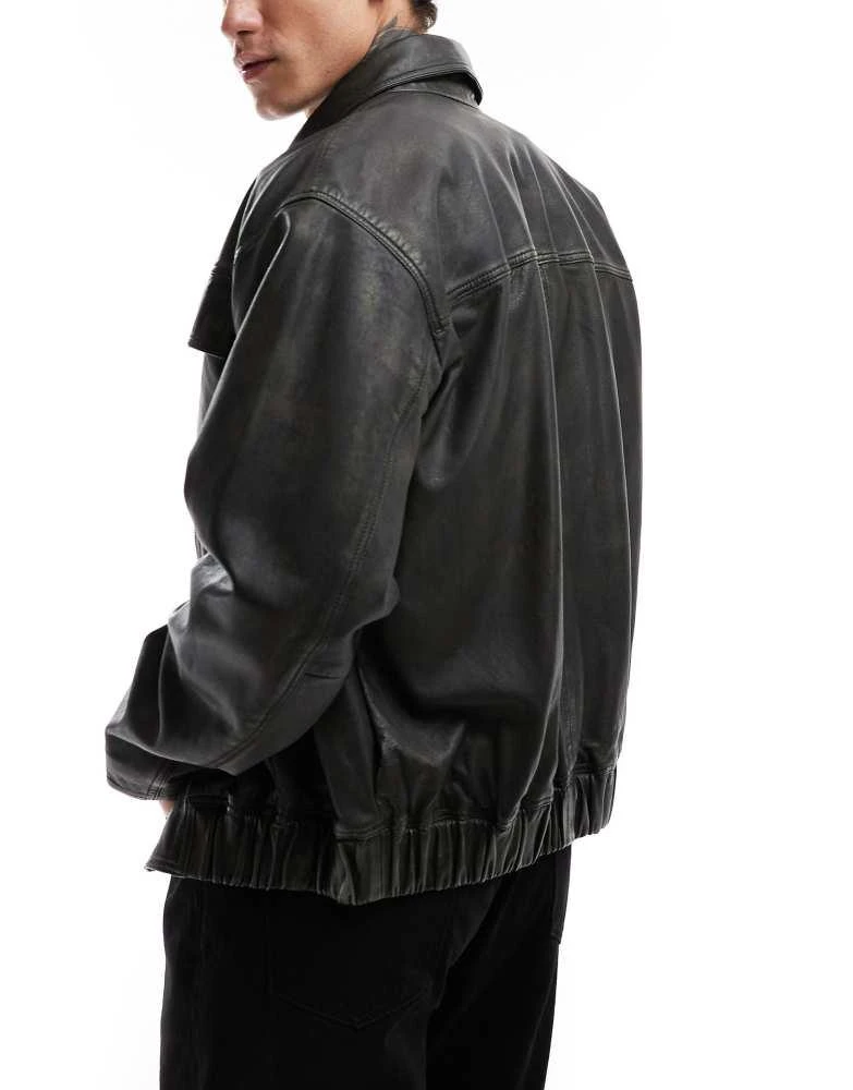 ASOS ASOS DEISGN Premium real leather oversized distressed harrington jacket in black 4