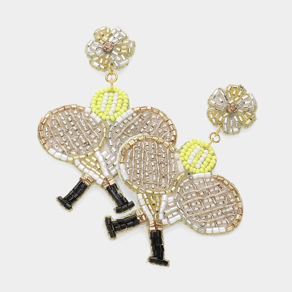 FASHNZFAB Felt Back Beaded Tennis Ball Racket Dangle Earrings