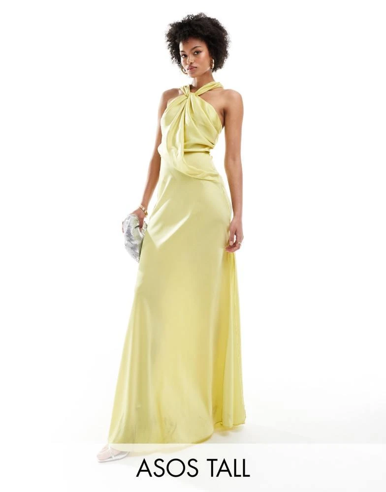 ASOS ASOS DESIGN Tall satin drape asymmetric maxi dress in dark lime 1