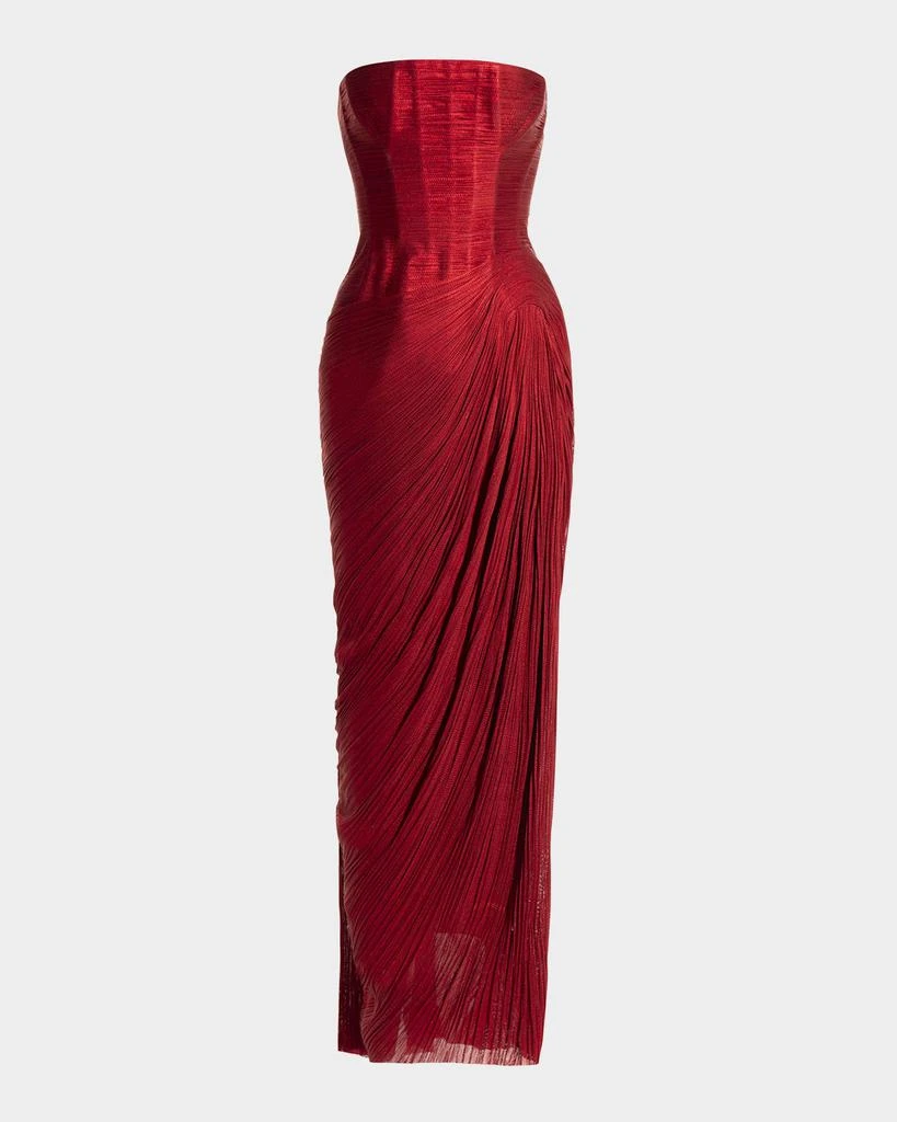 Maria Lucia Hohan Layana Strapless Metallic Plisse Slit Gown 1