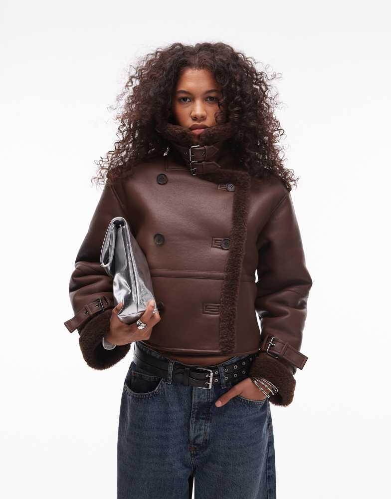 Topshop Topshop faux leather borg shearling cropped aviator jacket in choc