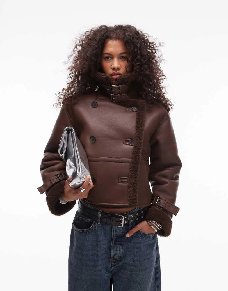 Topshop Topshop faux leather borg shearling cropped aviator jacket in choc 1